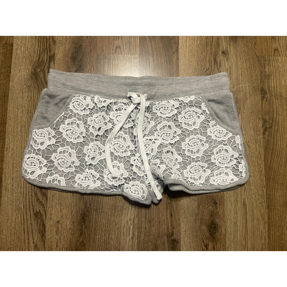 No Boundaries Shorts, Women's Size Large, Gray, White Lace, Tie Waist